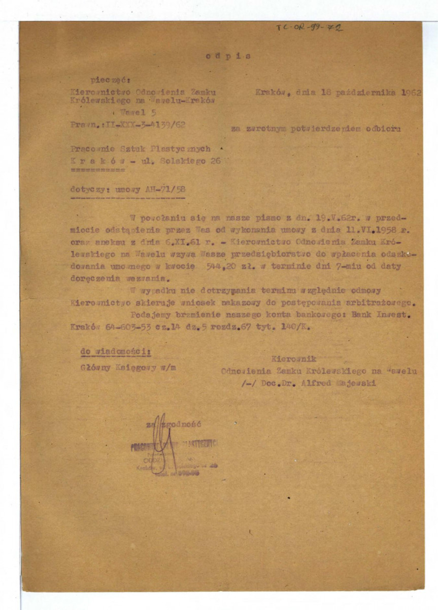 Odpis korespondencji dotyczącej odstąpienia od zawartej z Gerardem Ciołkiem umowy, skan 1