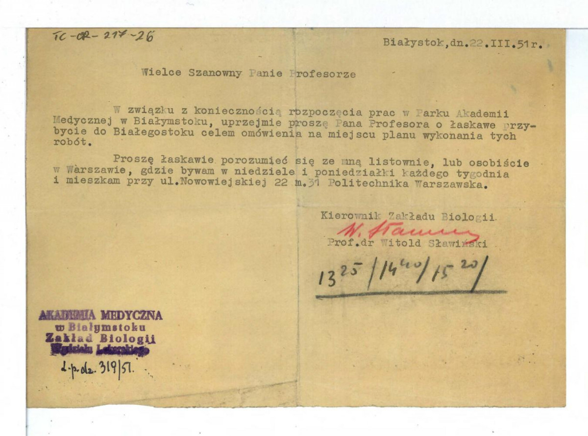 Prośba datowana na 22 marca 1951 r. ze strony kierownika Zakładu Biologii Akademii Medycznej w Białymstoku Witolda Sławińskiego do Gerarda Ciołka o przybycie właśnie do Białegostoku w celu odbycia konsultacji, skan 1