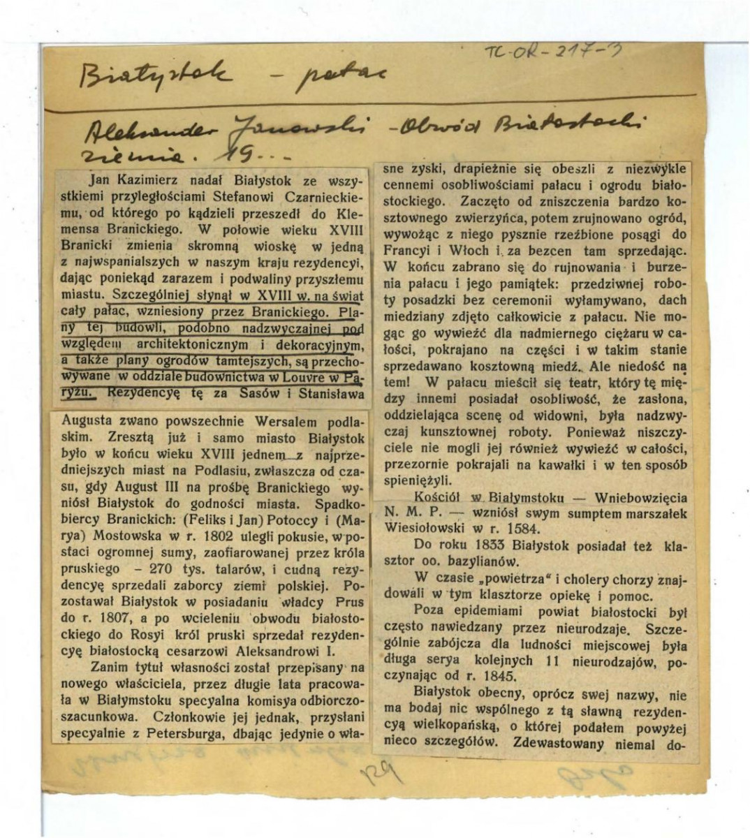 wycinek zawierający fragment tekstu autorstwa Aleksandra Janowskiego pt. Obwód Białostocki w "Ziemia" 19 , skan 1