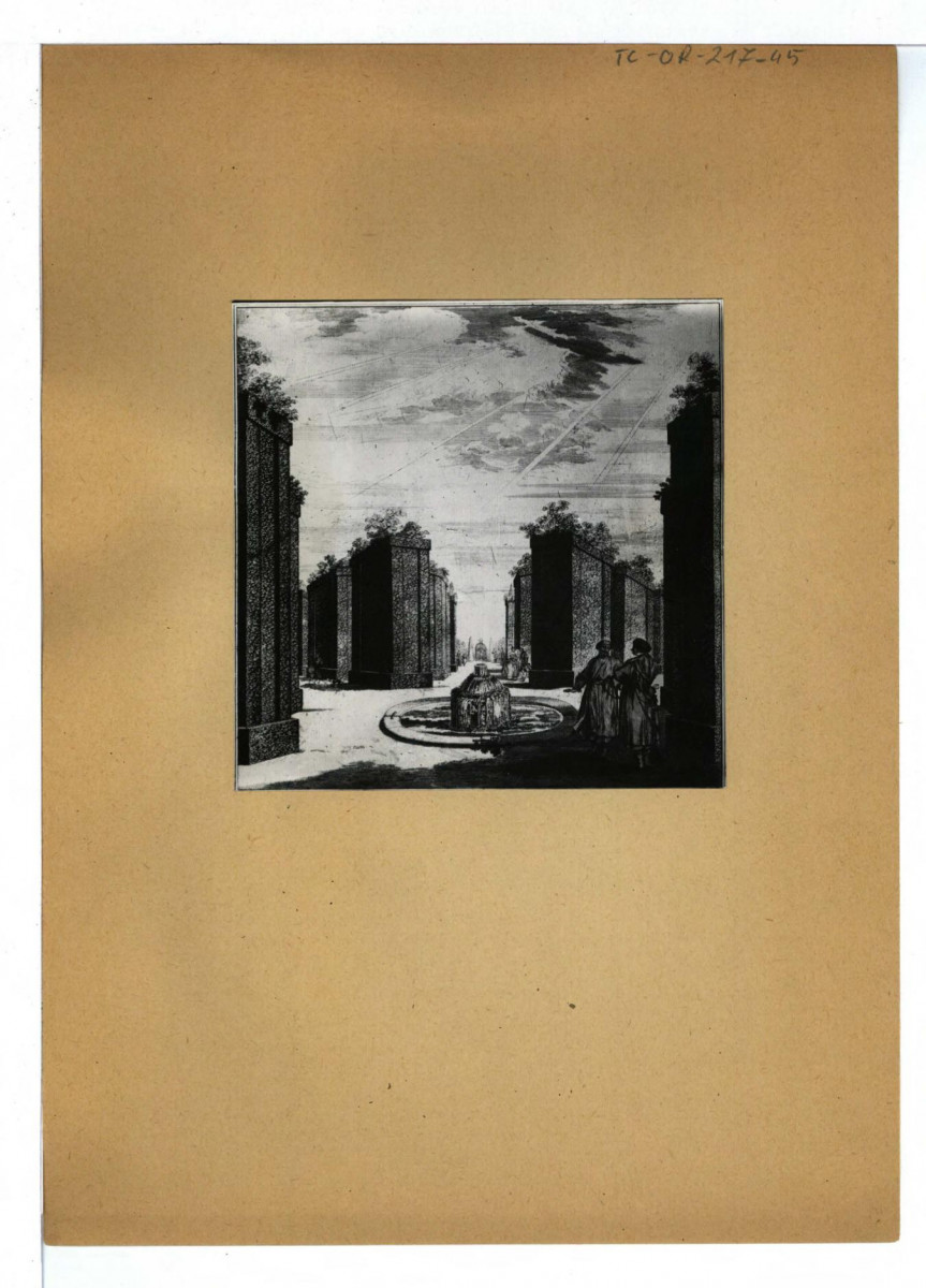 fotografia czarno-biała reprodukcji ryciny ukazującej przestrzeń ogrodową przy miejscowym pałacu, skan 1