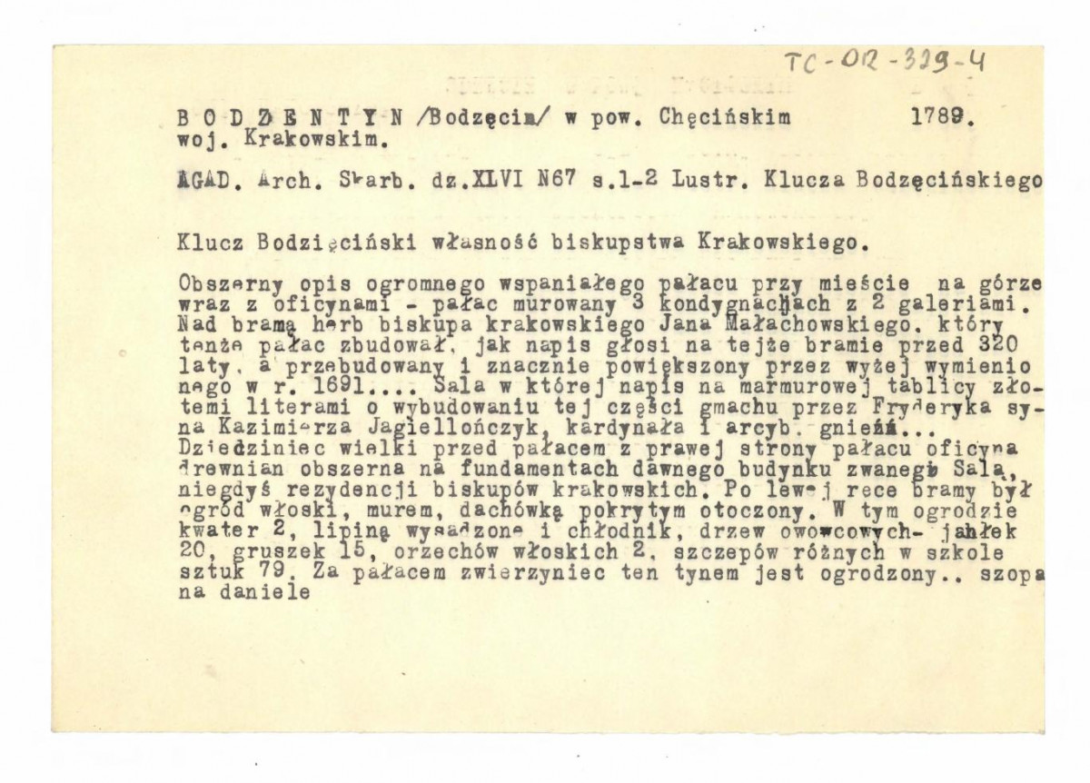 wypis z Archiwum Główne Akt Dawnych Archiwum Skarbarbowe Dz. XLVI M67. S. 1-2, Lustracje Klucza Bodzęcińskiego, 1789, skan 1