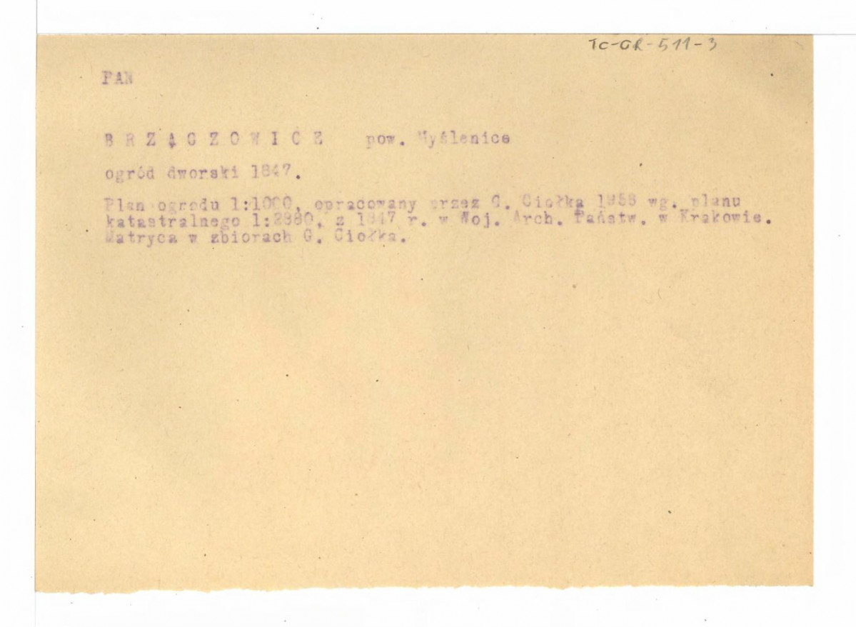 wypis z dotycząca planu ogrodu oprac. przez G. Ciołka w 1953 r. na podst. planu katastralnego z 1947 r. (1 : 2880) w zbiorach WAP Kraków , skan 1