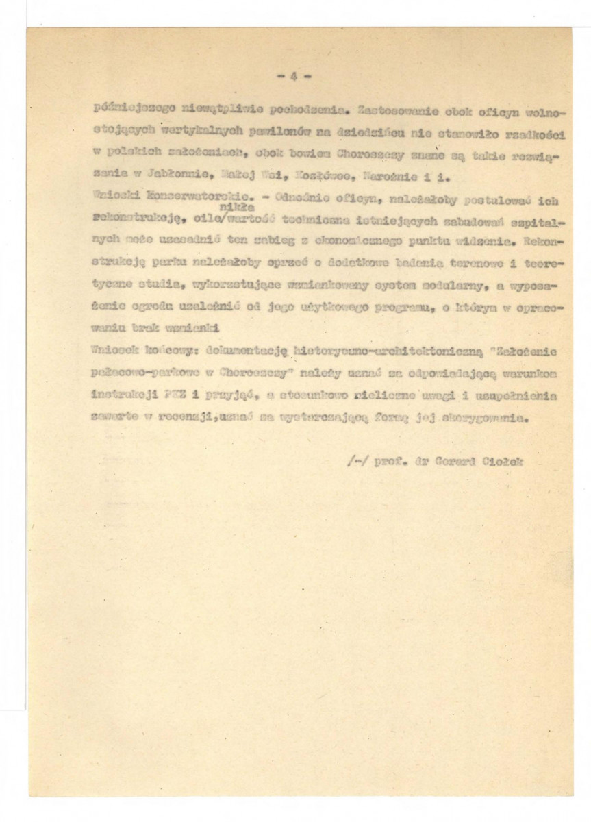 Ciołek G., Opracowanie konsultacyjne dokumentacji historyczno-architektonicznej zespołu pałacowo-ogrodowego w Choroszczy, Warszawa 30 grudnia 1962; do oprac. Elżbiety Żyłko; cztery karty, skan 4
