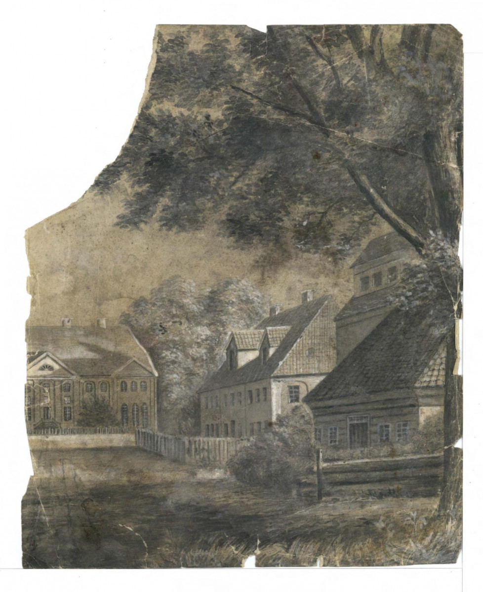 fragment uszkodzonej akwareli przedstawiający widok miejscowego założenia parkowo-pałacowego  , skan 1