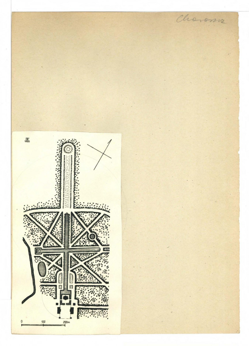 2 odbitki druk przedst. fragment planu rekonstruowanego ogrodu przy miejscowym pałacu; wg J. Glinki oprac. przez G. Ciołka; 1950 r., skan 1