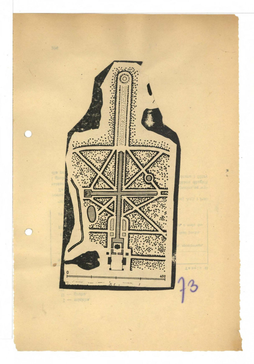 2 odbitki druk przedst. fragment planu rekonstruowanego ogrodu przy miejscowym pałacu; wg J. Glinki oprac. przez G. Ciołka; 1950 r., skan 2