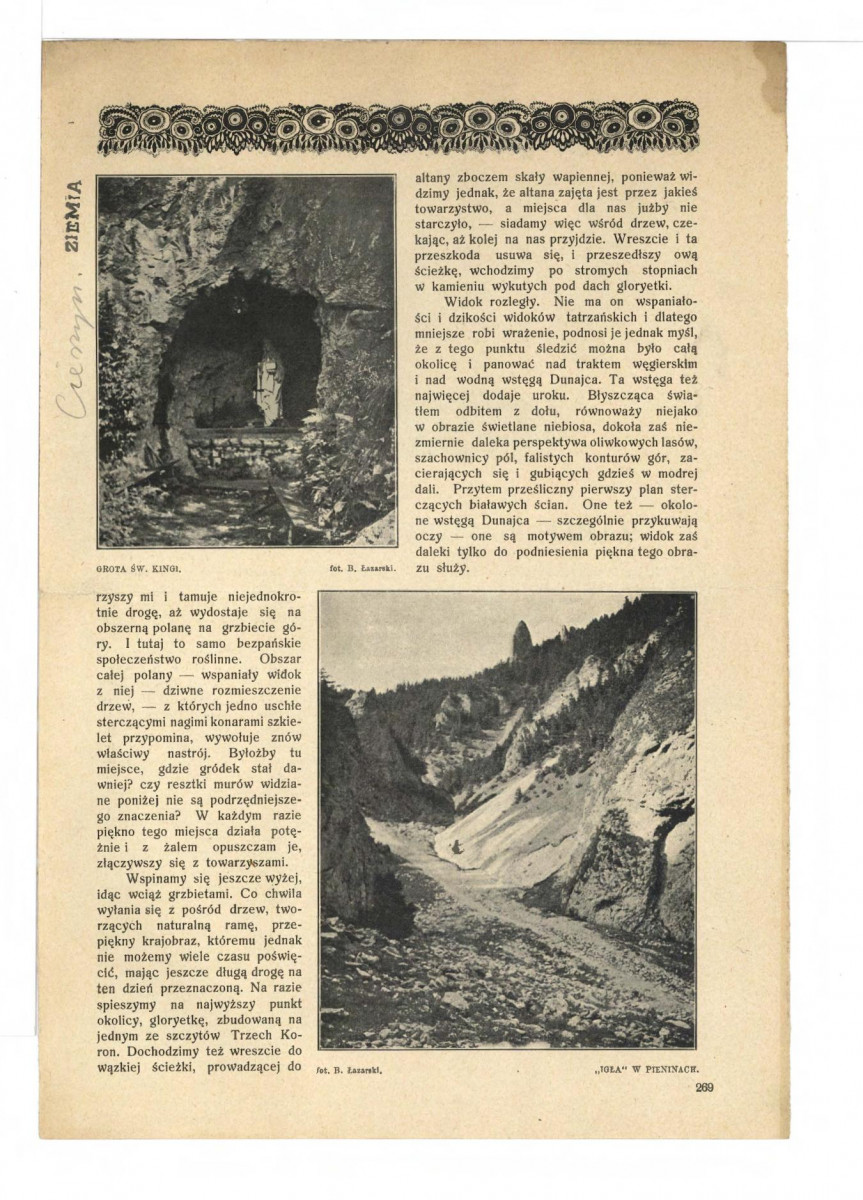 3 karty z czasopisma „Ziemia” zawierający artykuł autorstwa Franciszka Popiołka pt. „Zamek Piastowski w Cieszynie”, s. 270-273, skan 1