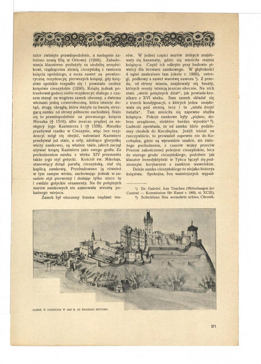 3 karty z czasopisma „Ziemia” zawierający artykuł autorstwa Franciszka Popiołka pt. „Zamek Piastowski w Cieszynie”, s. 270-273, skan 3
