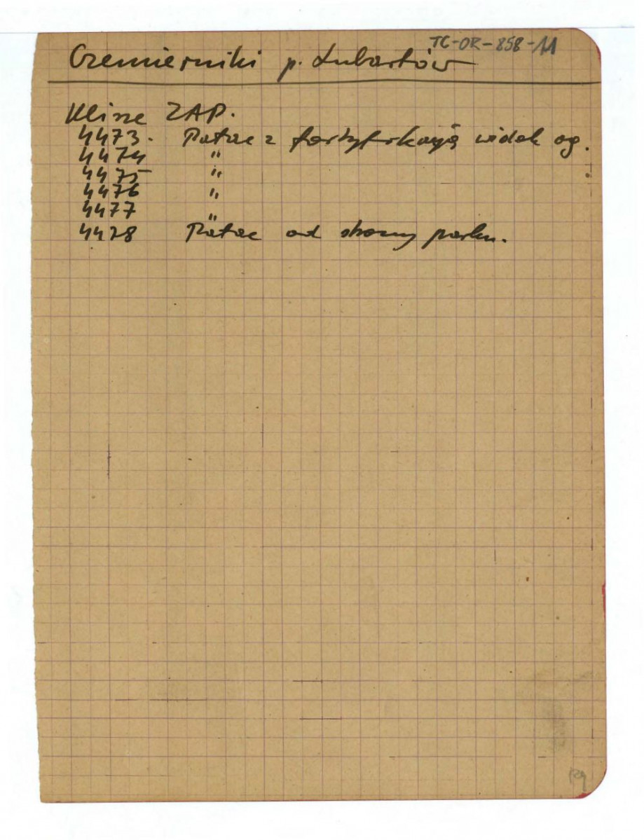 informacja o negatywach z zasobu Zakładu Architektury Polskiej Politechniki Warszawskiej (nr 4473-4478) dotycząca miejscowego założenia zamkowego , skan 1