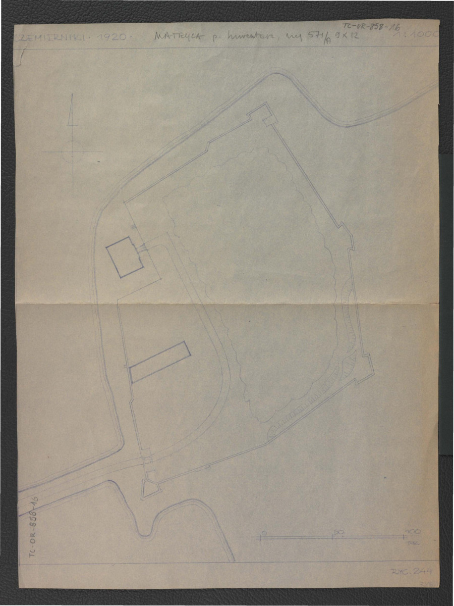 ozalid (1 : 1000) ukazujący plan sytuacyjny według pomiaru Zakładu Architektury Polskiej Politechniki Warszawskiej z 1920 r. opracowany przez Gerarda Ciołka w 1960 r., skan 1
