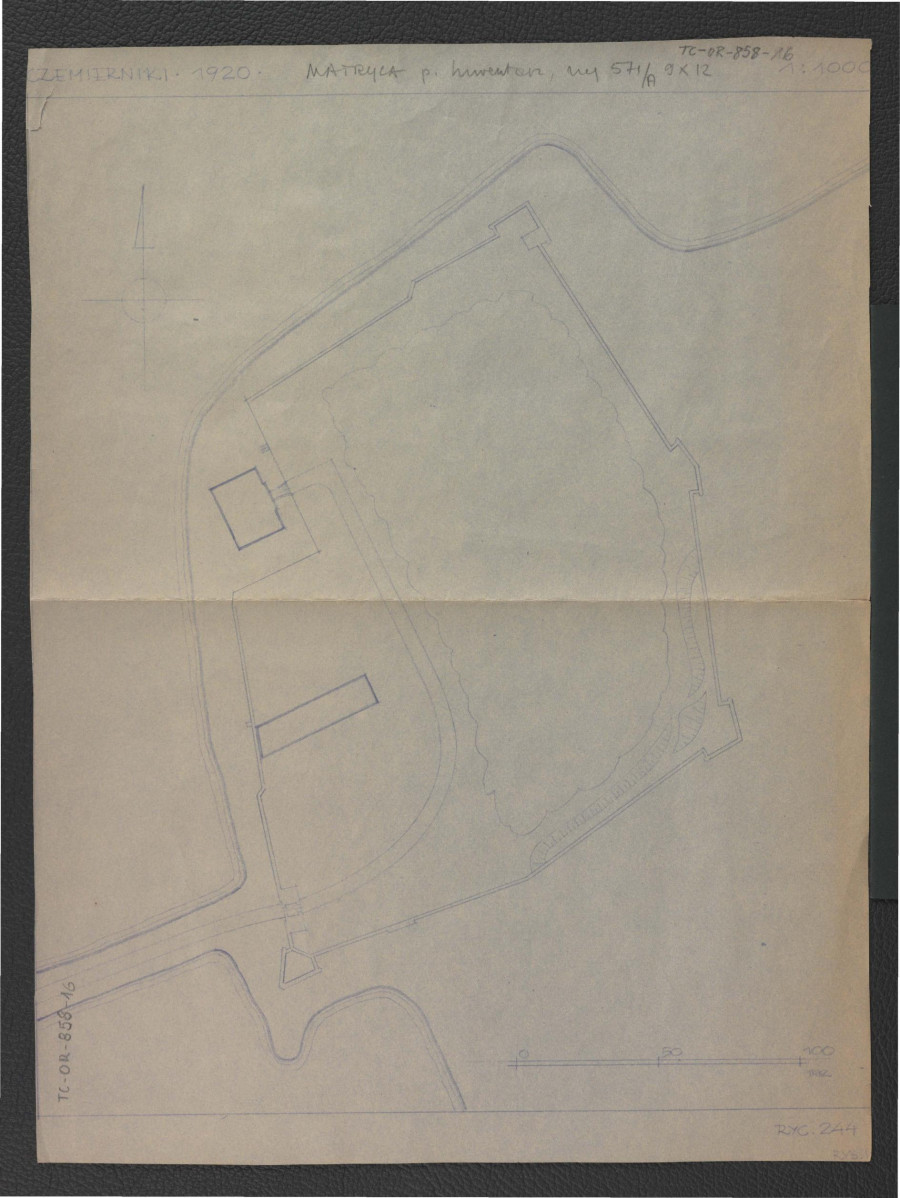 ozalid (1 : 1000) ukazujący plan sytuacyjny według pomiaru Zakładu Architektury Polskiej Politechniki Warszawskiej z 1920 r. opracowany przez Gerarda Ciołka w 1960 r., skan 2