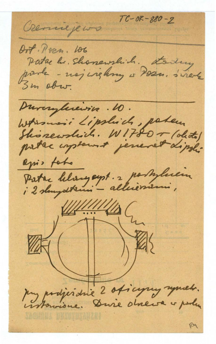 notatka dotycząca parki i pałacu na podstawie Orłowicz M., Przewodnik po Poznańskim, Warszawa 1923, s. 106; notatka na podstawie Durczykiewicz L., Dwory polskie w Wielkim Księstwie Poznańskim, Poznań 1912, s. 10 dotycząca miejscowego pałacu i parku oraz właściciela posesji; ponadto szkic planu podjazdu z widocznym portykiem elewacji frontowej i oficynami; notatki i szkice sporządzone na podst. opisu i fotografii zamieszczone w tymże wydawnictwie , skan 1