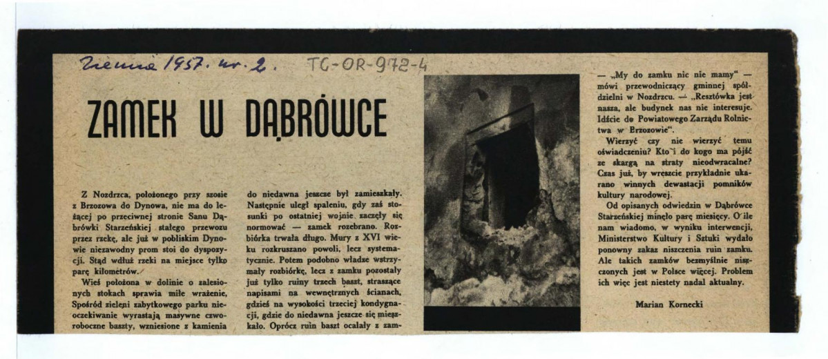 wycinek z czasopisma „Ziemia” nr 2 (1957) zawierający artykuł Mariana Korneckiego pt. Zamek w Dąbrówce                                                             , skan 1