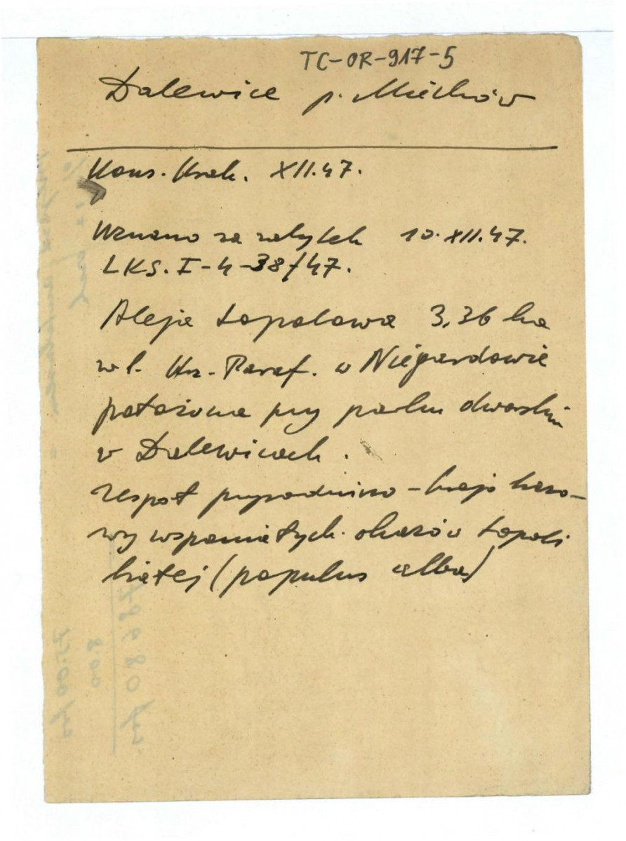 notatka na podstawie materiałów archiwalnych wojewódzkiego konserwatora zabytków w Krakowie z grudnia 1947 r. dotycząca uznania za zabytek alei topolowej przy miejscowym parku dworskim, skan 1