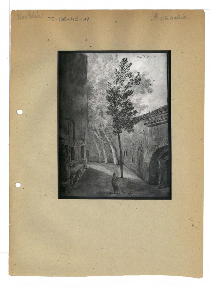 reprodukcja rysunku Jana Piotra Norblina z Widoki w albumie, kat. 5, Dom Arcykapłana widok podwórka (Muzeum Narodowe w Krakowie, zbiory Czartoryskich), skan 1