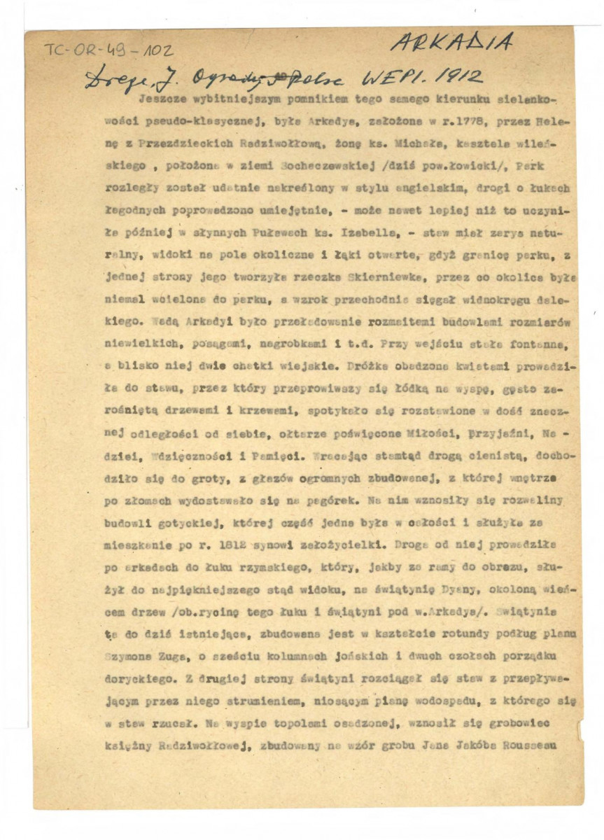 wypis z Drege Józef, Ogrody w Polsce w: Wielka Encyklopedia Powszechna Ilustrowana, t. IV, charakterystyka założenia parkowo-pałacowego, skan 1