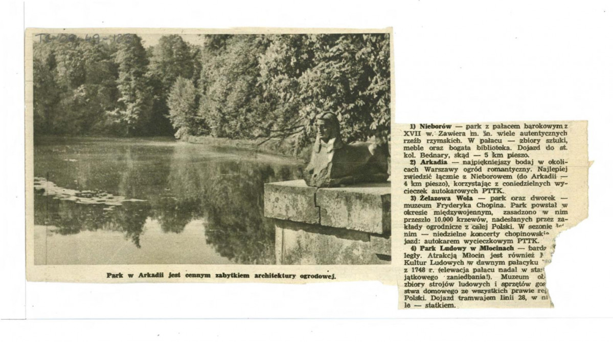 wycinek z nieokreślonego periodyku zawierający czarno-białą reprodukcję fotografii ukazującą fragment Świątyni Diany z rzeźbą sfinksa oraz miejscowy staw uzupełniony o zwięzły tekst wzmiankujący m.in. Arkadię, skan 1