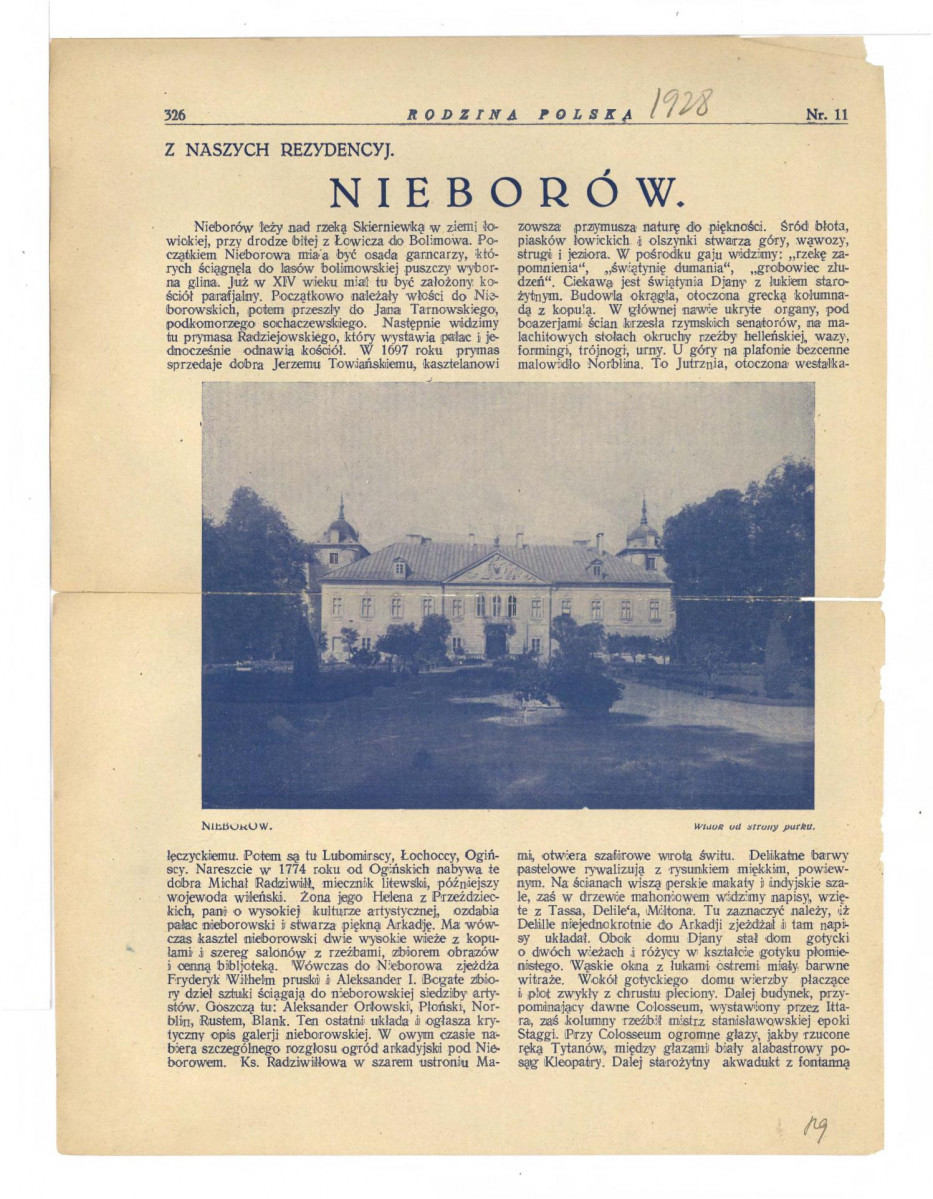 dwie karty z miesięcznika „Rodzina Polska” nr 11/1928 (s. 325-328) zawierający artykuł dotyczący Nieborowa, skan 2