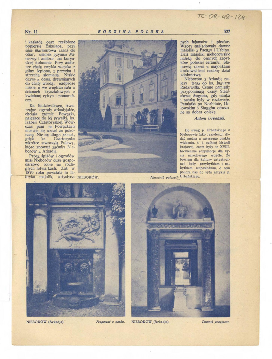 dwie karty z miesięcznika „Rodzina Polska” nr 11/1928 (s. 325-328) zawierający artykuł dotyczący Nieborowa, skan 3