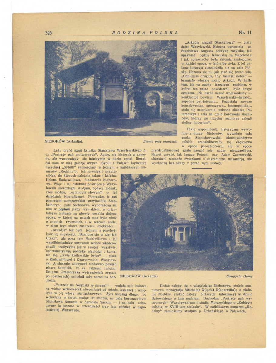 dwie karty z miesięcznika „Rodzina Polska” nr 11/1928 (s. 325-328) zawierający artykuł dotyczący Nieborowa, skan 4