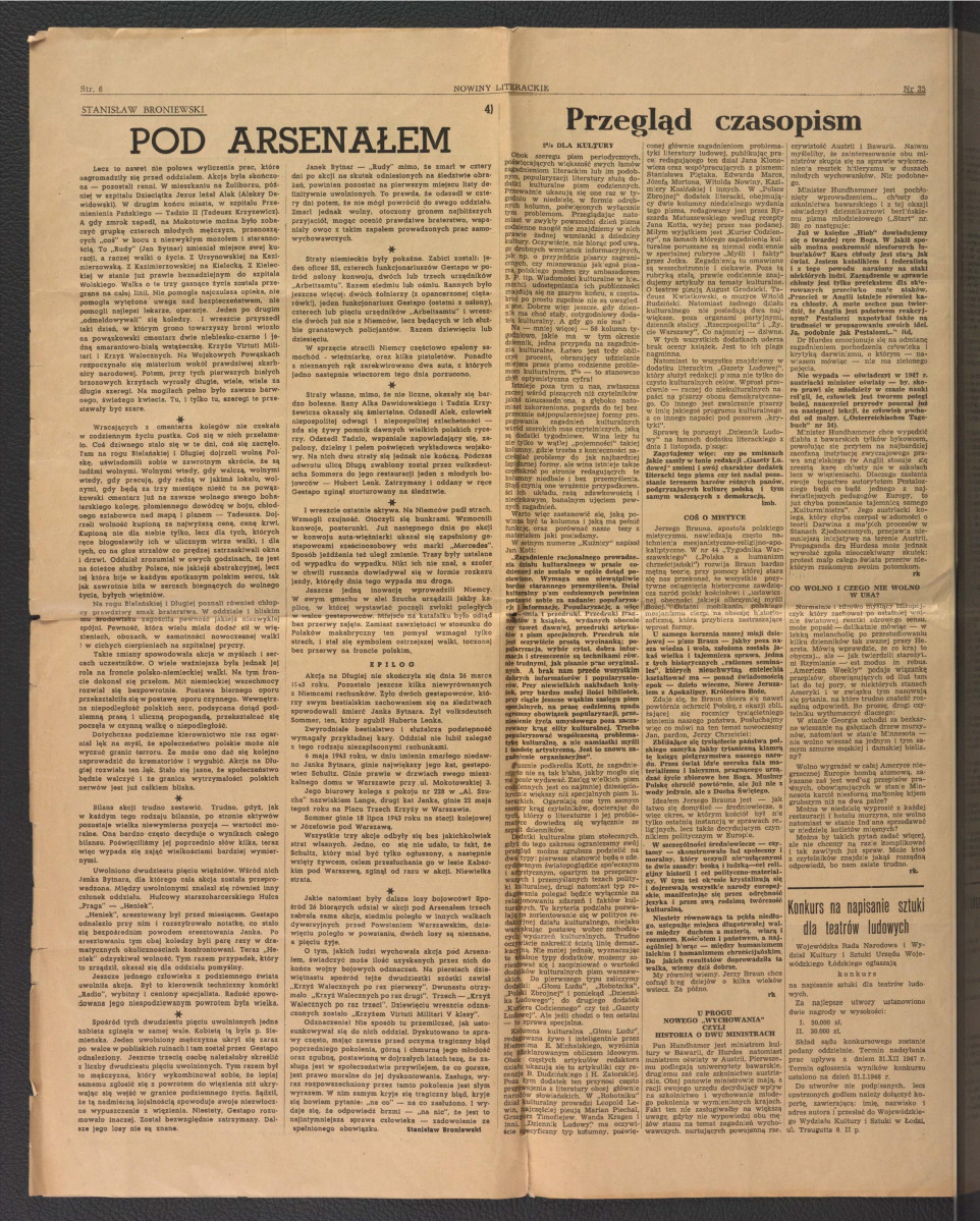 fragment czasopisma „Nowiny Literackie” nr 35/1947 (s. 3-6) zawierający m.in. tekst autorstwa Jana Wagnera pt. Et in Arcadia ego… dotyczący miejscowego założenia pałacowo-parkowego, skan 4