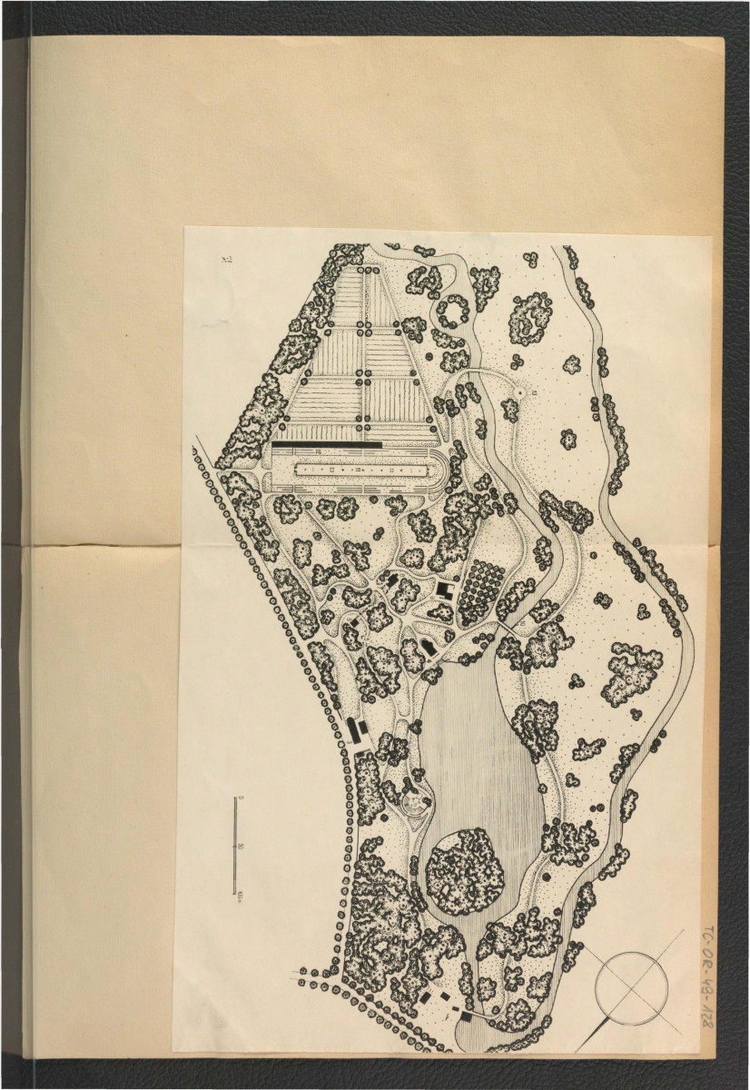 nadbitka z Ciołek G., Ogrody polskie, Warszawa 1954 przedstawiająca plan miejscowego założenia pałacowo-parkowego autorstwa Gerarda Ciołka  , skan 1