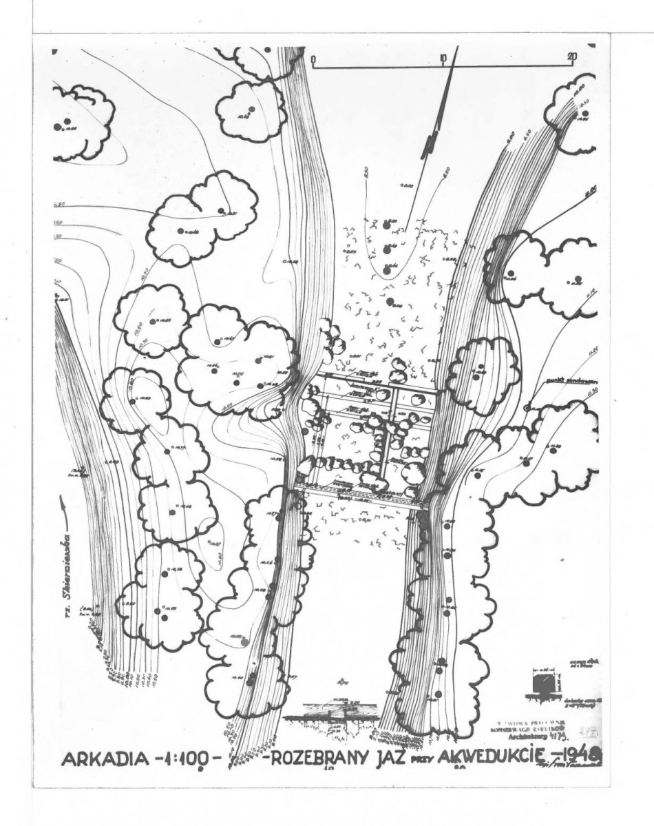 fotografia dwubarwna przedstawiająca plan (1 : 100) rozebranego jazu przy akwedukcie, skan 1