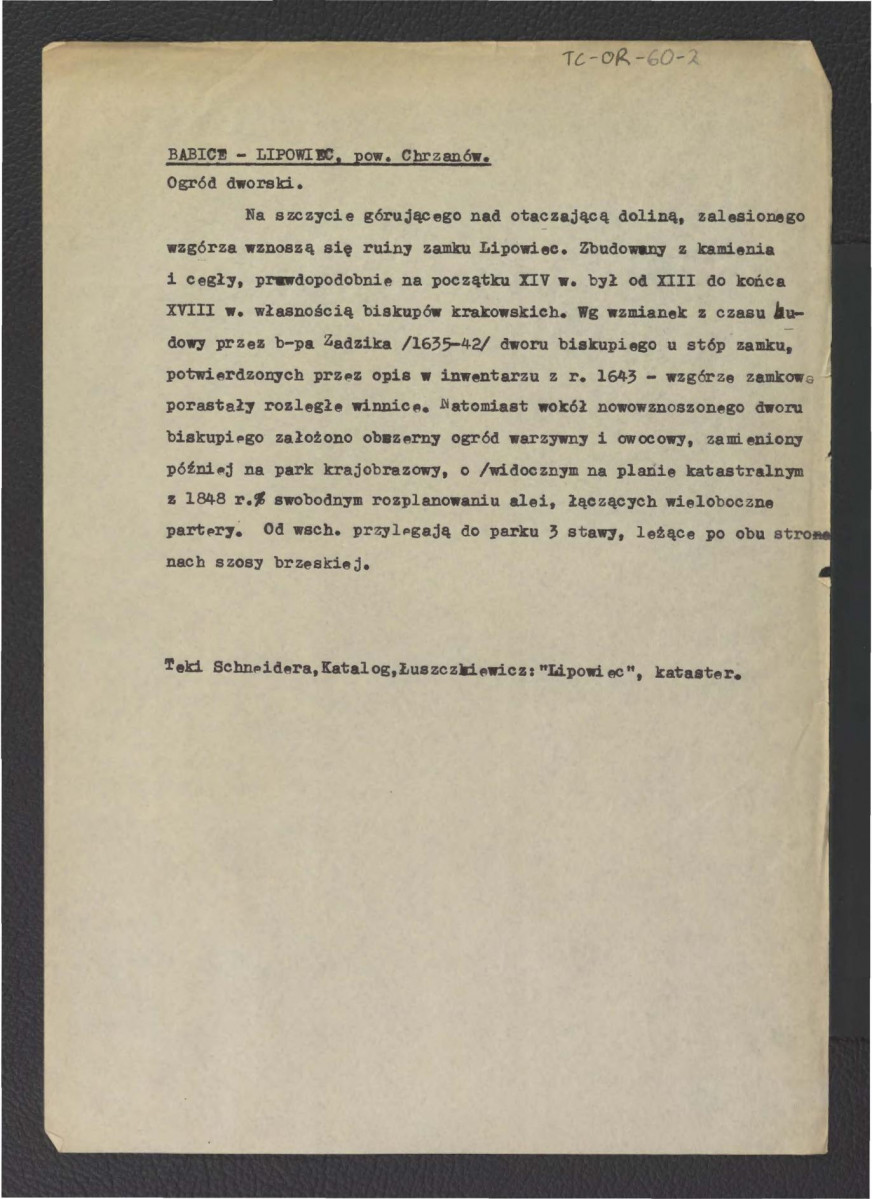 zwięzła notatka, notatka źródłowa z katalogu: Babice – ruiny zamku Lipowiec  , skan 1