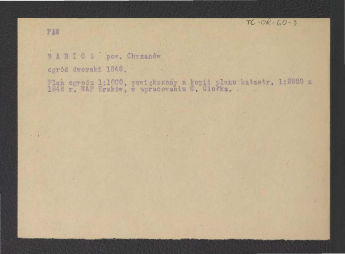 Plan ogrodu 1 : 1000 powiększony z kopii planu katastralnego 1 : 2880 z 1948 r.; WAP Kraków w opracowaniu G. Ciołka, skan 1