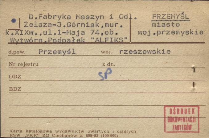 fabryka maszyn i odl.. żelaza - J. Górniak, ob. wytwórn. podpałek Alfiks, skan 1