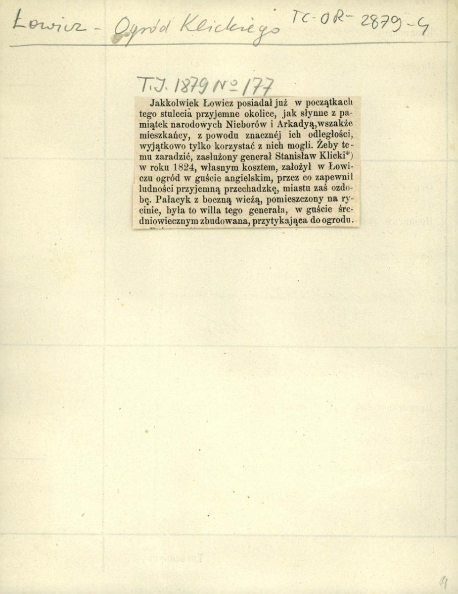 wypis z „Tygodnika Ilustrowanego” nr 177 (1879) zawierający tekst dotyczący fundacji gen. Stanisława Klickiego w postaci ogrodu angielskiego oraz pałacyku , skan 1
