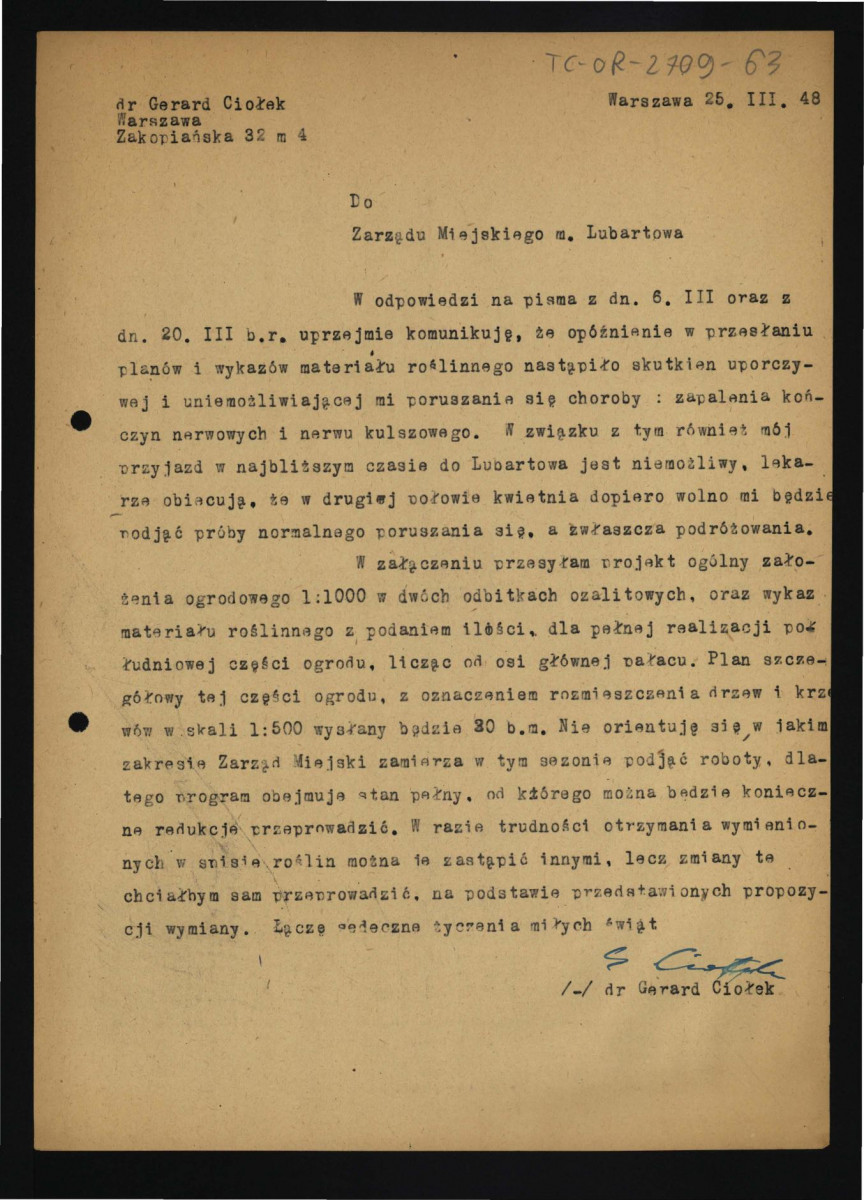 zawiadomienie z 25 marca 1948 r. ze strony G. Ciołka o chorobie uniemożliwiającej przyjazd do Lubartowa oraz o przesłaniu projektu ogólnego założenia ogrodowego , skan 1