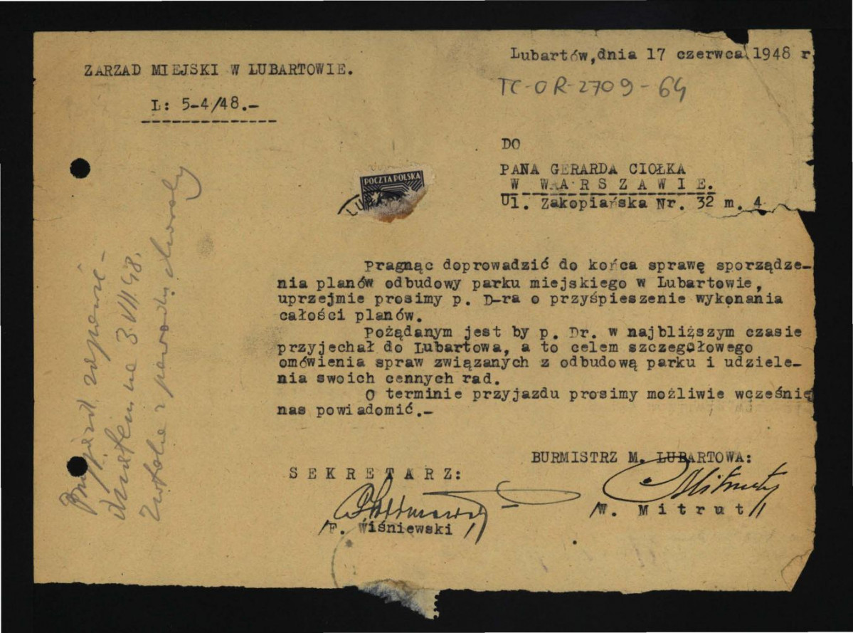 prośba z 17 czerwca 1948 r. o przyspieszenie prac przez G. Ciołka oraz przybycie do Lubartowa , skan 1