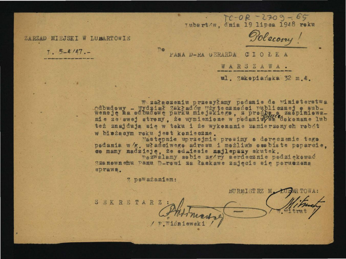 zawiadomienie o załączeniu podania do ministerstwa odbudowy przesłanej G. Ciołkowi przez zarząd miejski w Lubartowie z 19 lipca 1948 r. , skan 1