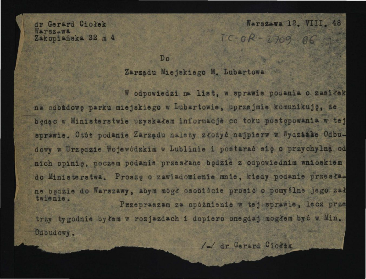 zawiadomienie ze strony G. Ciołka dla zarządu miejskiego w Lubartowie z 12 sierpnia 1948 r. w sprawie procedury uzyskania dotacji w ministerstwie odbudowy , skan 1