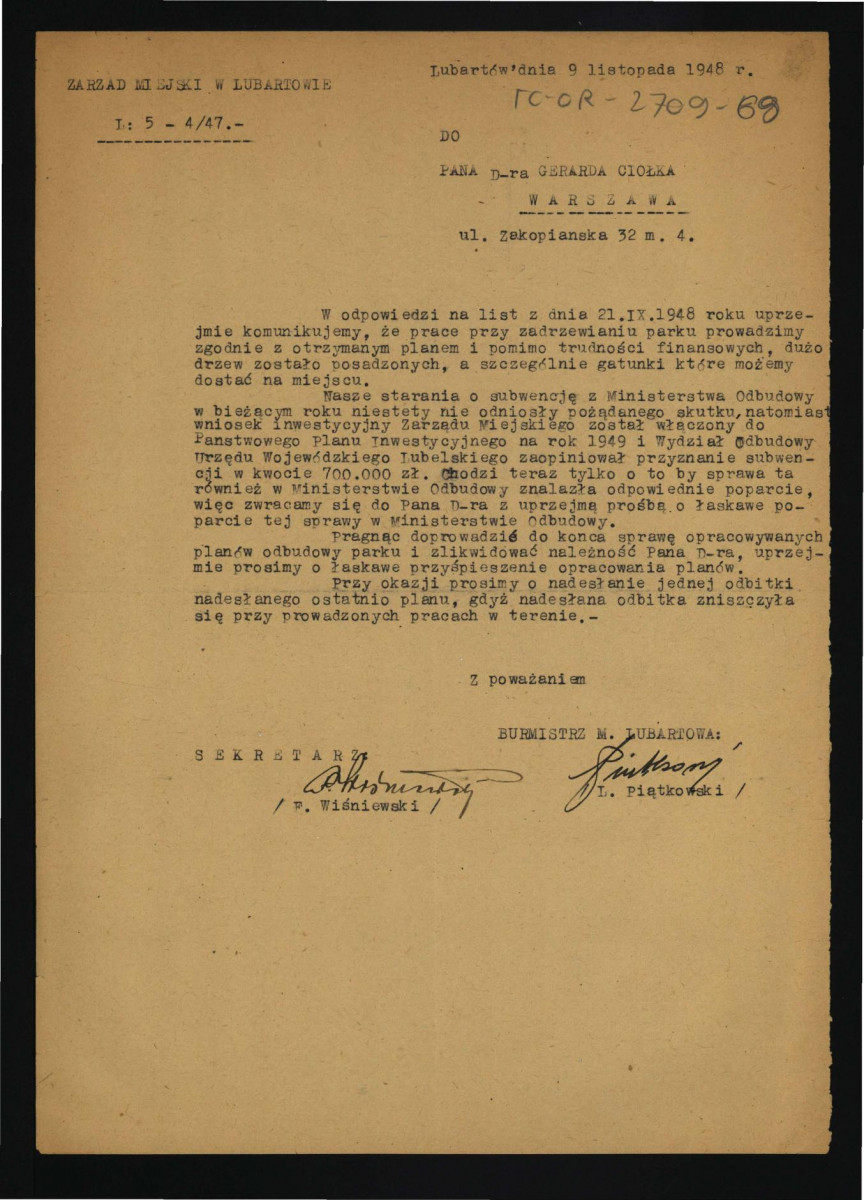 zawiadomienie o przesłanie odbitki planu parku przez G. Ciołka z 19 listopada 1948 r. , skan 1