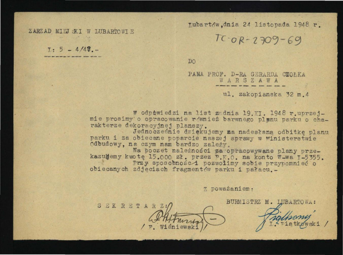 prośba z 24 listopada 1948 r. o opracowanie barwnego planu parku w formie dekoracyjnej planszy , skan 1