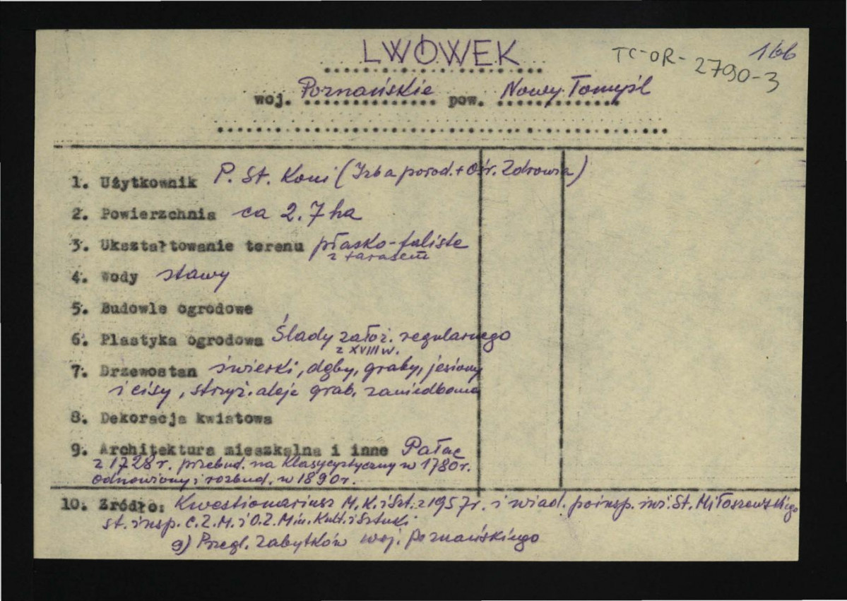 wypis z Kwestionariusz Ministerstwa Kultury i Sztuki z 1957 r.; Przegląd Zabytków Województwa Poznańskiego, skan 1