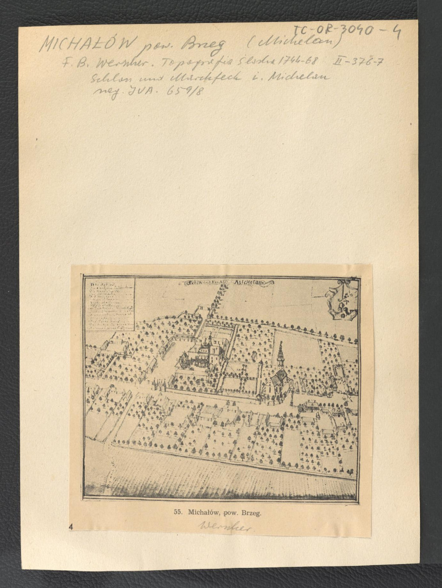 fotografia czarno-biała reprodukcji ryciny pochodzącej z Wernher F.B., Topografia Śląska, 1744-1768, a przedstawiającej tę miejscowość z lotu ptaka, skan 1