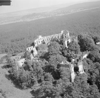 zamek Tenczyn /XIV, XV, XVI, XVII wieku/ widok ogólny ruin zamku na wzgórzu w układzie przestrzennym od strony północnej - zachodniej, skan 1