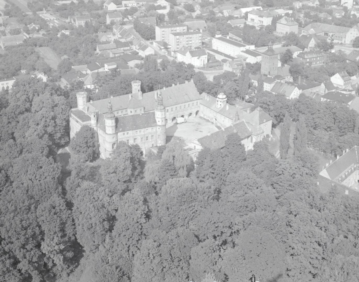 zabudowa miasta. Fragment zabudowy miasta z zamkiem XVI wieku od strony  południowej, skan 1