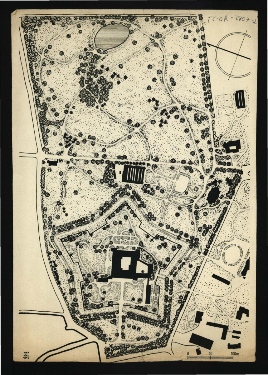 2 czarno-białe kopie planu założenia pałacowo-ogrodowego w tej miejscowości autorstwa G. Ciołka z roku 1949, skan 1