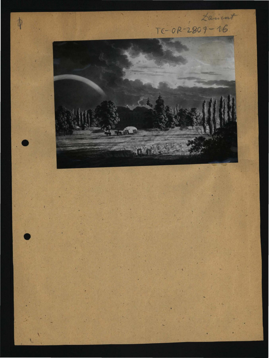 fotografia czarno-biała reprodukcji ryciny przedstawiającej żniwa w tej majątku oraz fragment zabudowy zamkowej , skan 1