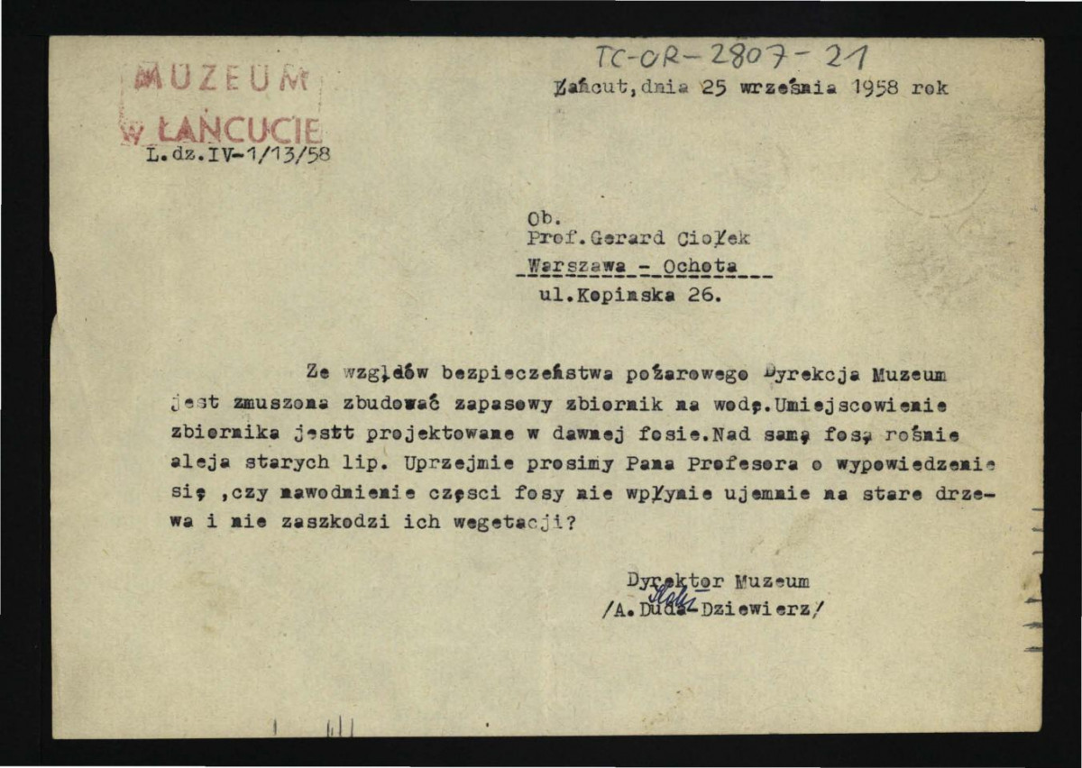 prośba dyrektora muzeum w Łańcucie z 25 września 1958 r. o ekspertyzę w sprawie planowanego nawodnienia fosy , skan 1