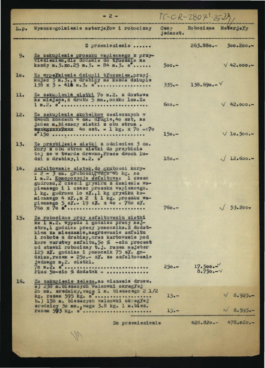 kosztorys materiałów koniecznych przy renowacji miejscowej posesji; cztery karty , skan 2
