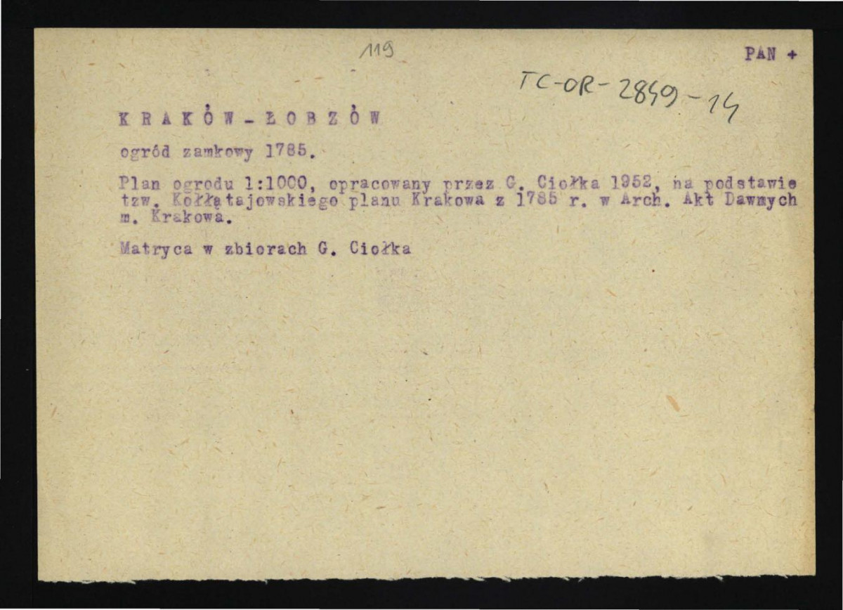 opis planu ogrodu (1 : 1000) opracowany przez G. Ciołka w 1952 r. na podst. tzw. kołłątajowskiego planu Krakowa z 1785 r.  w zbiorach Archiwum Akt Dawnych miasta Krakowa , skan 1