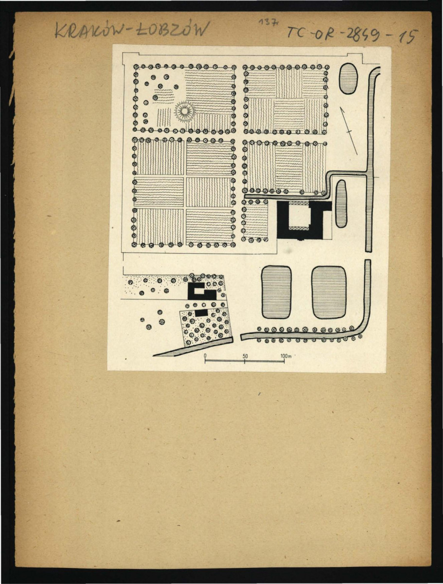 plan ogrodu; być może opracowany przez G. Ciołka w 1952 r. na podstawie tzw. kołłątajowskiego planu Krakowa z 1785 r.  w zbiorach Archiwum Akt Dawnych miasta Krakowa, skan 1