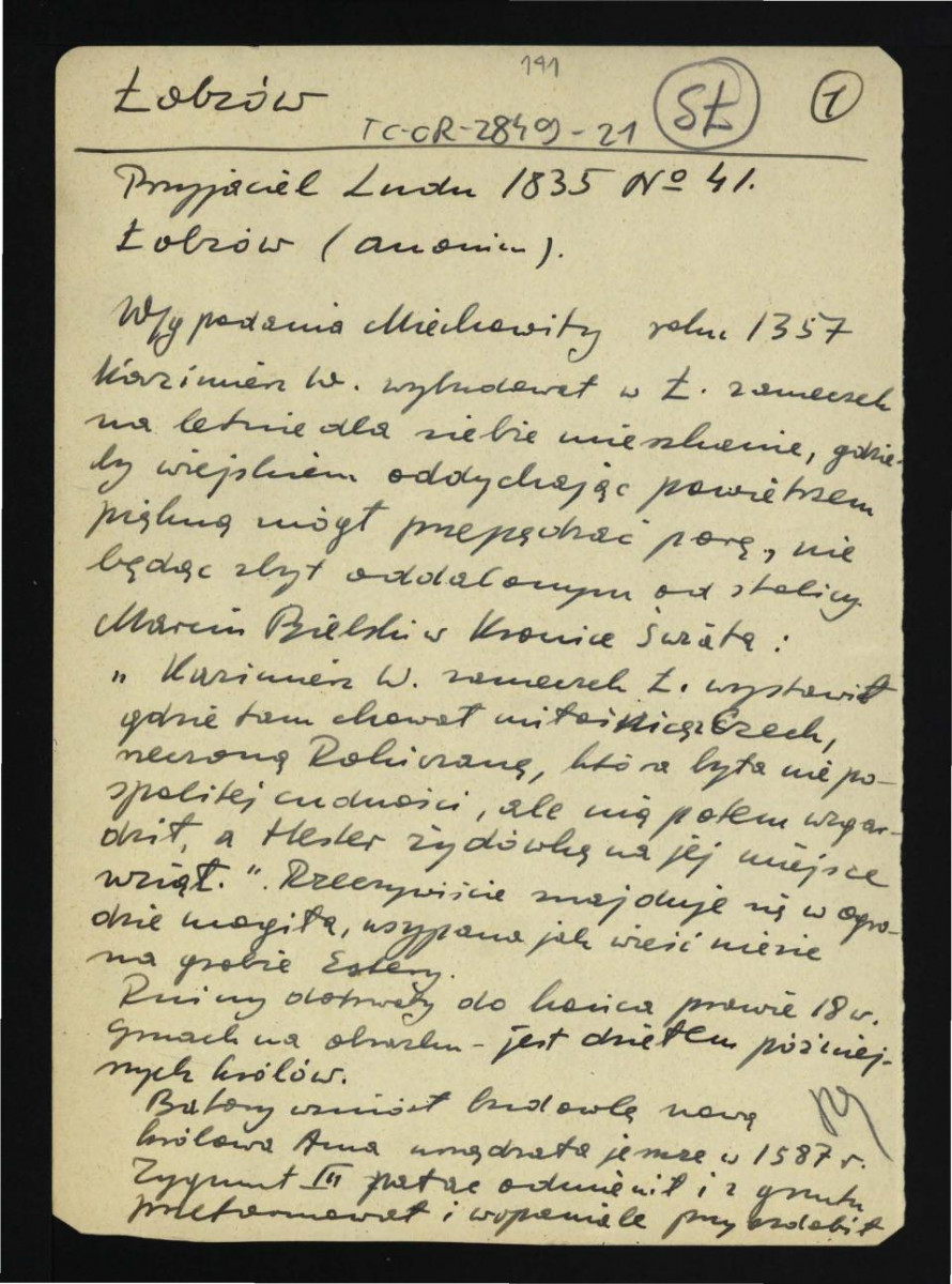 wypis z „Przyjaciel Ludu” (1835) nr 41 dotyczący dziejów w tej miejscowości od 1357 r. rekonstruowanej na podst. kronik Macieja z Miechowa oraz Marcina Bielskiego; wzmianka o ruinach zamku oraz fundacjach Batorego i Zygmunta III; dwie karty, skan 1