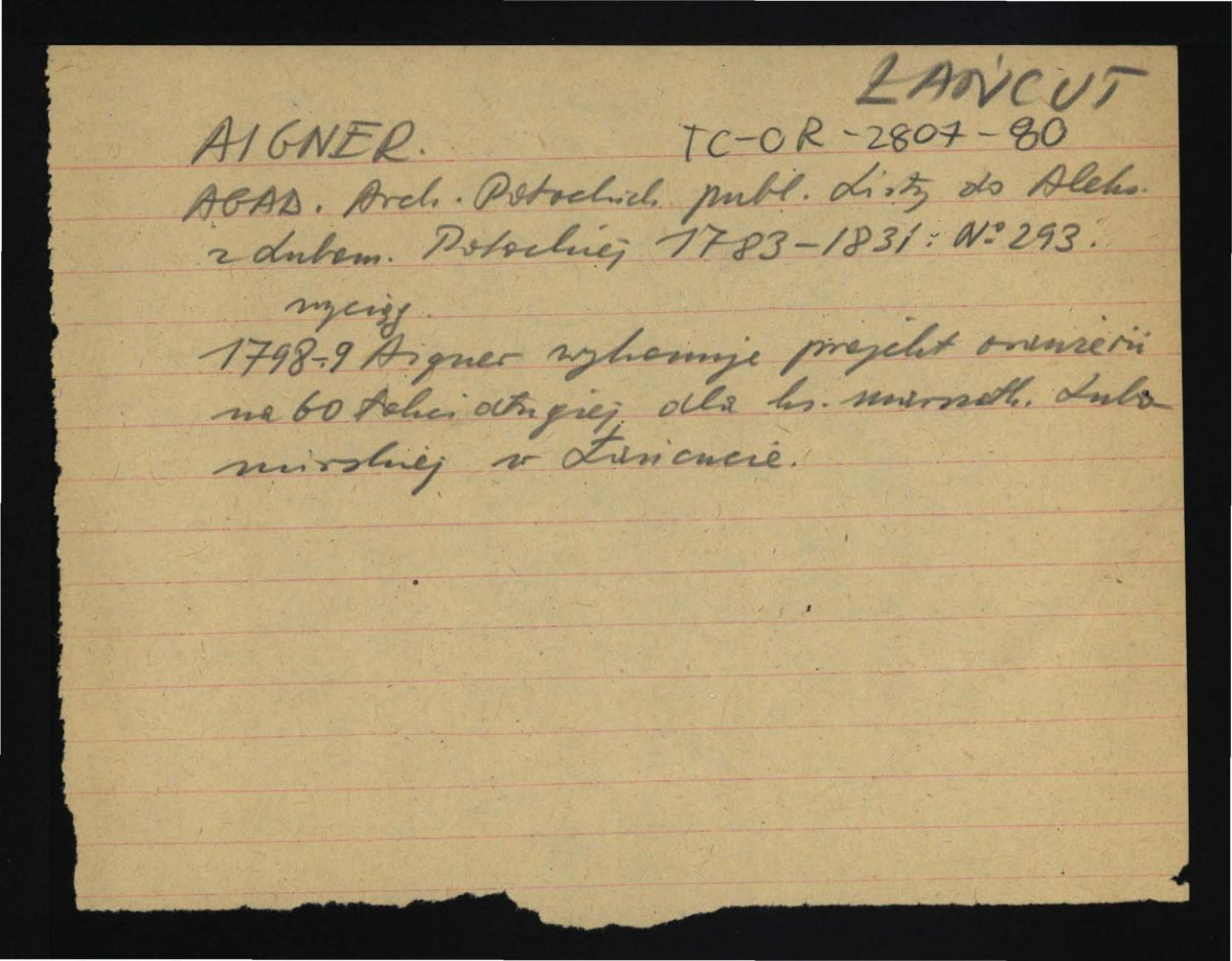wypis z AGAD (Archiwum Potockich – Listy do Aleksandry z Lubomirskich Potockiej, 1798-99 nr 293) wzmiankujący wykonanie przez Piotra Aignera w latach 1798-99 projektu oranżerii , skan 1
