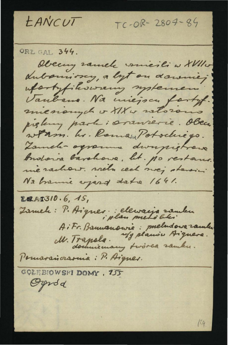 wypis z Orłowicz M., Ilustrowany przewodnik po Galicyi, Bukowinie, Spiszu, Orawie i Śląsku Cieszyńskim, Lwów 1919, s. 344 dotyczący wzniesionego w XVII w. przez Lubomirskich zamku przebudowanego w kolejnym stuleciu na posiadłość rezydencjonalną; Łoza S., Słownik architektów i budowniczych Polaków oraz cudzoziemców w Polsce pracujących, t. I, Warszawa 1931 dotyczący architektów odpowiedzialnych za przebudowę zamku; Gołębiowski Ł., Domy i dwory…, Warszawa 1830, s. 155 wzmiankujący miejscowy ogród , skan 1